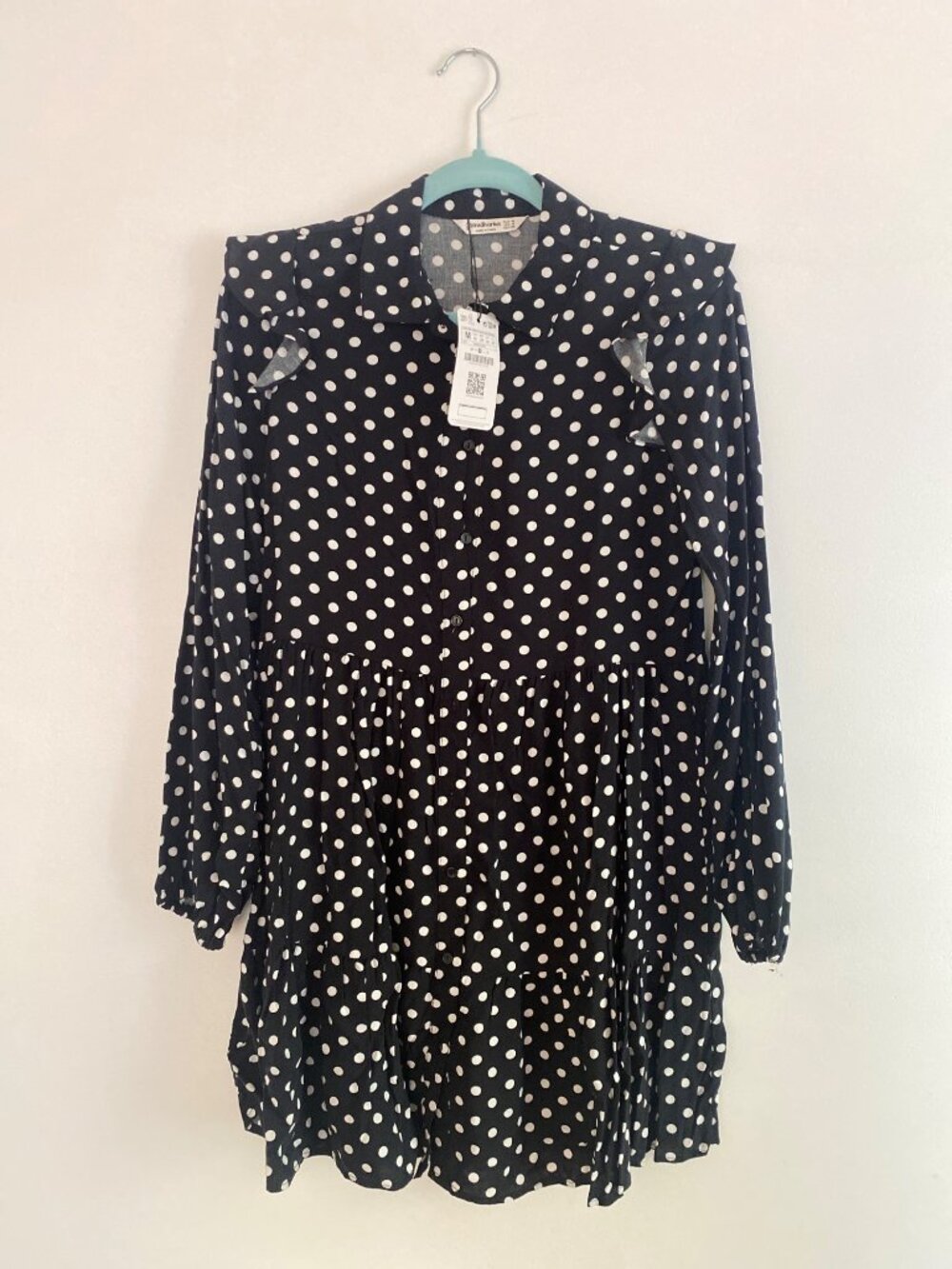 NWT Stradivarius Black & White Polka Dot Long-Sleeve Tiered Mini Dress Size M